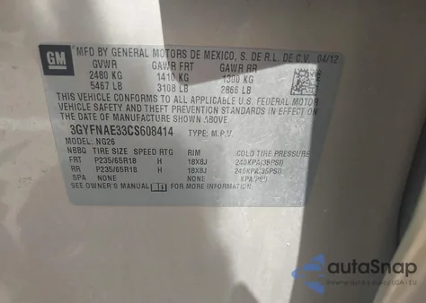 2012 Cadillac Srx Luxury Collection from USA, damaged, VIN 3GYFNAE33CS608414